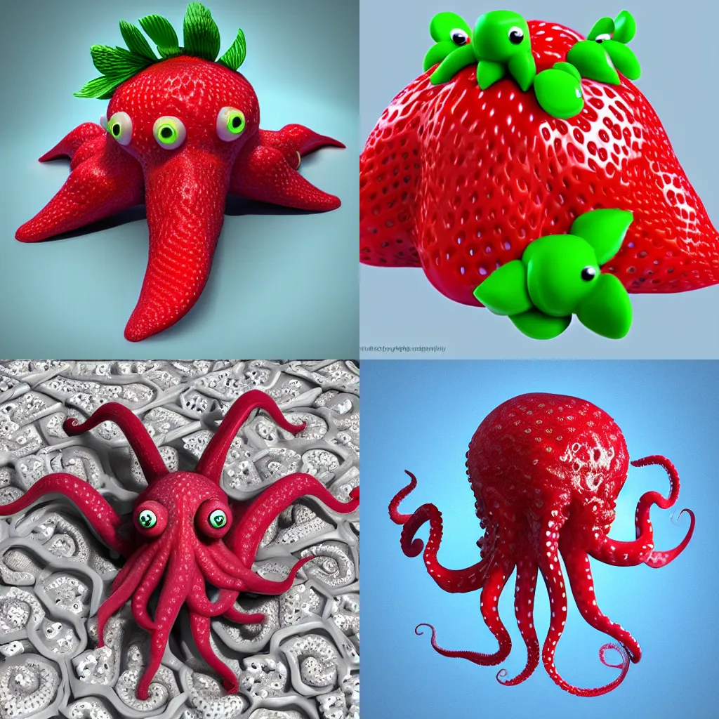 Prompt: strawberry octopus hybrid, cute CGI, digital art, ambient occlusion, high detail