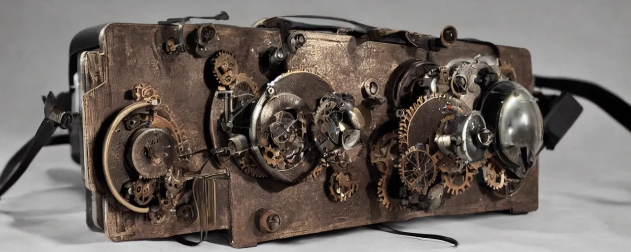 Image similar to advanced complex steampunk VR headset, vintage photo