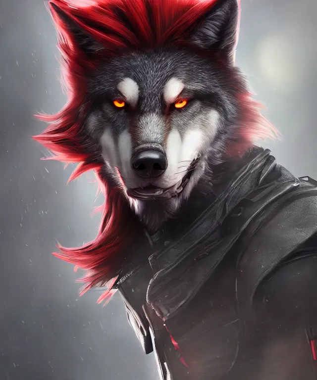 Image similar to portrait of a male anthropomorphic dark gray wolf with red hair in a futuristic city, hyper detailed, digital art, trending in artstation, cinematic lighting, studio quality, smooth render, unreal engine 5 rendered, octane rendered, art style by pixar dreamworks warner bros disney riot games and overwatch.
