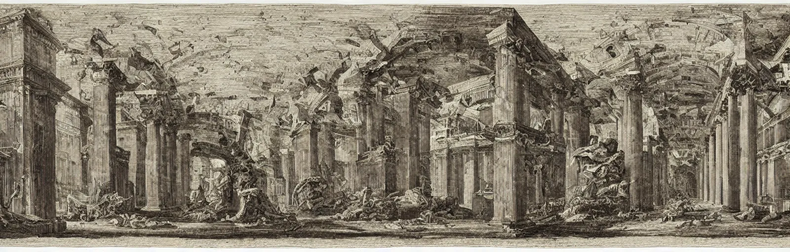 Prompt: a imaginative and theatrical architectural prison landscape, etching by giovanni battista piranesi