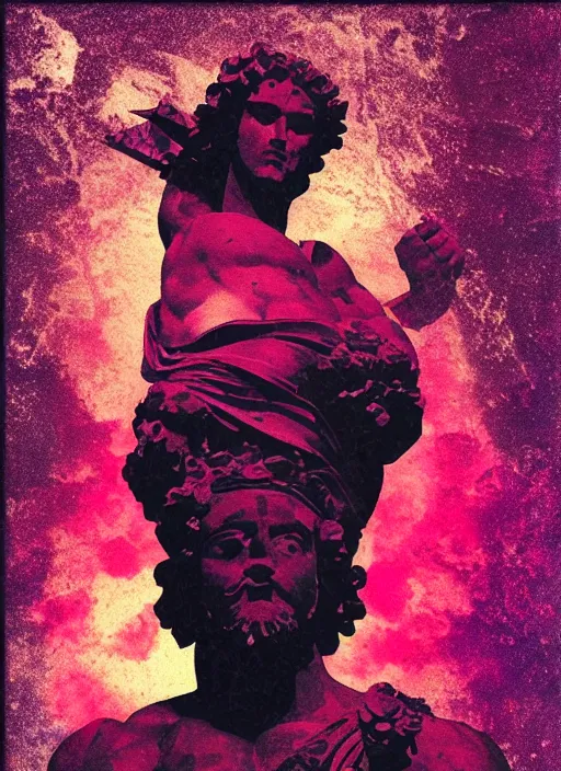 Prompt: black background with subtle red and purple geometric design elements, statue of hercules, nekro, graphic design, collage art, dark, glitch art, neo vaporwave, gritty, layout frame, trending on artstation