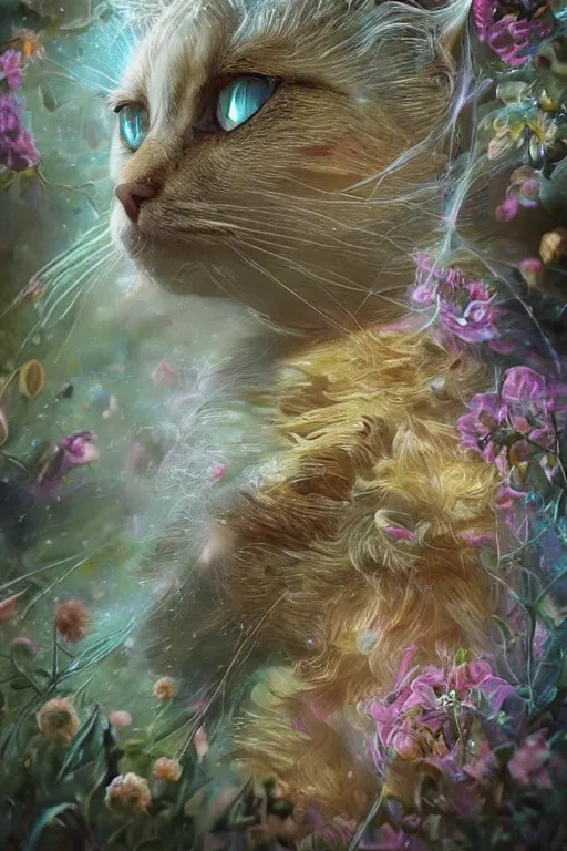 Image similar to elaborately detailed close up portrait of an extremely beautiful cat with very long white fur surrounded by flowers, an eerie mist and many ethereal rainbow bubbles, Art Noveau, Aetherpunk, atmospheric lightning, dreamscape maximized, high fantasy professionally painted digital art painting, smooth, sharp focus, highly detailed illustration highlights, backlight, golden ratio, 8K detail post-processing, symmetrical features, rich deep moody colors, dark epic fantasy, award winning picture, featured on DeviantArt, trending on cgsociety