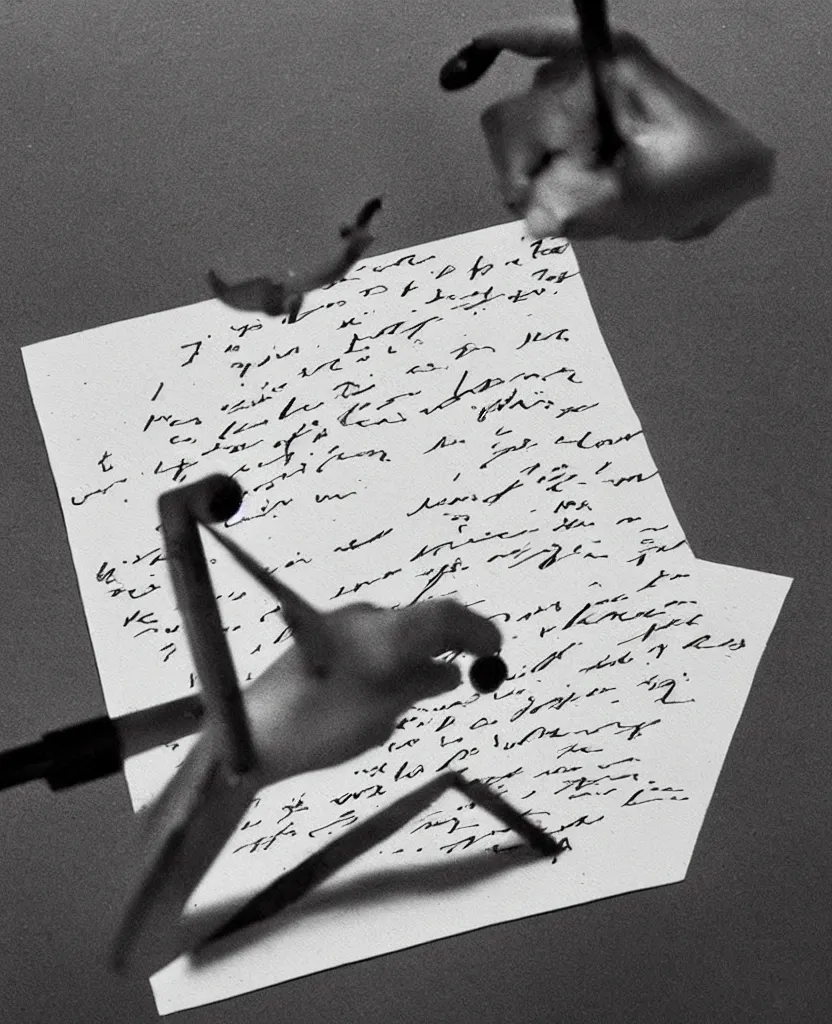 Image similar to stop motion movie frames representing a painting of a hand writing a letter, war in background, stop motion, minimal, black and white, designed by escher