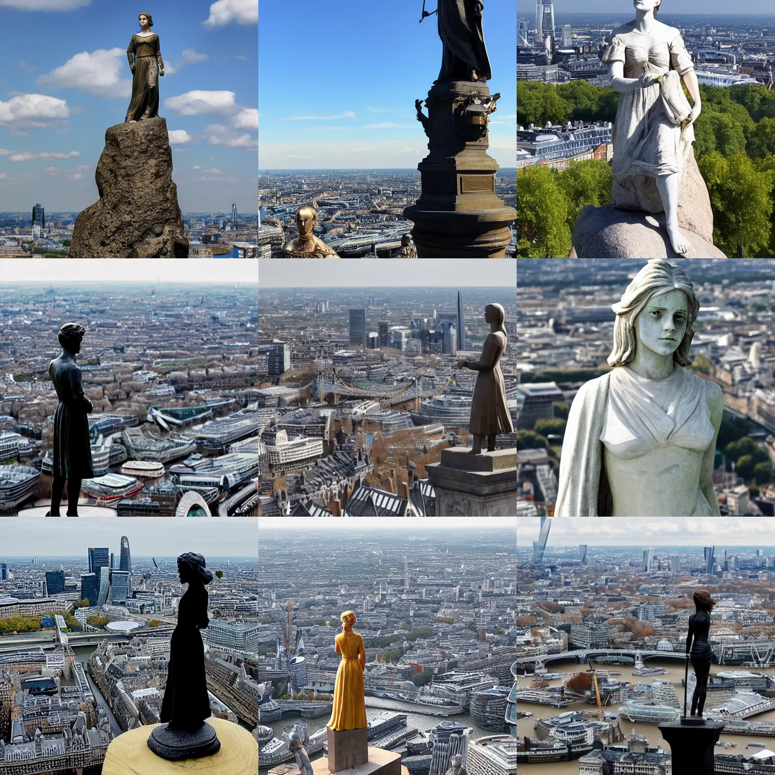 Prompt: the statue of emma watson stands atop a large rock with london below