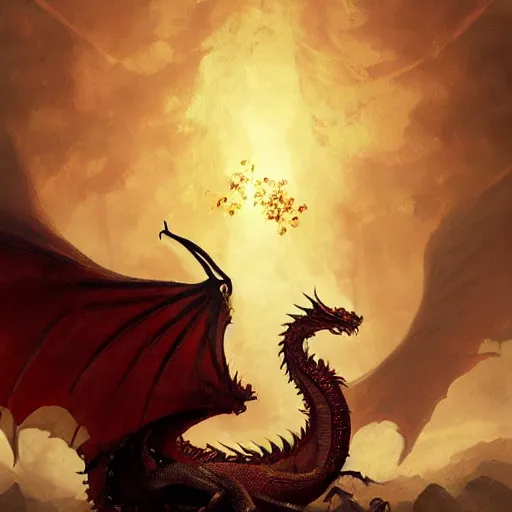 Prompt: red dragon sitting on a hoard of gold, fantasy, dnd, art by greg rutkowski