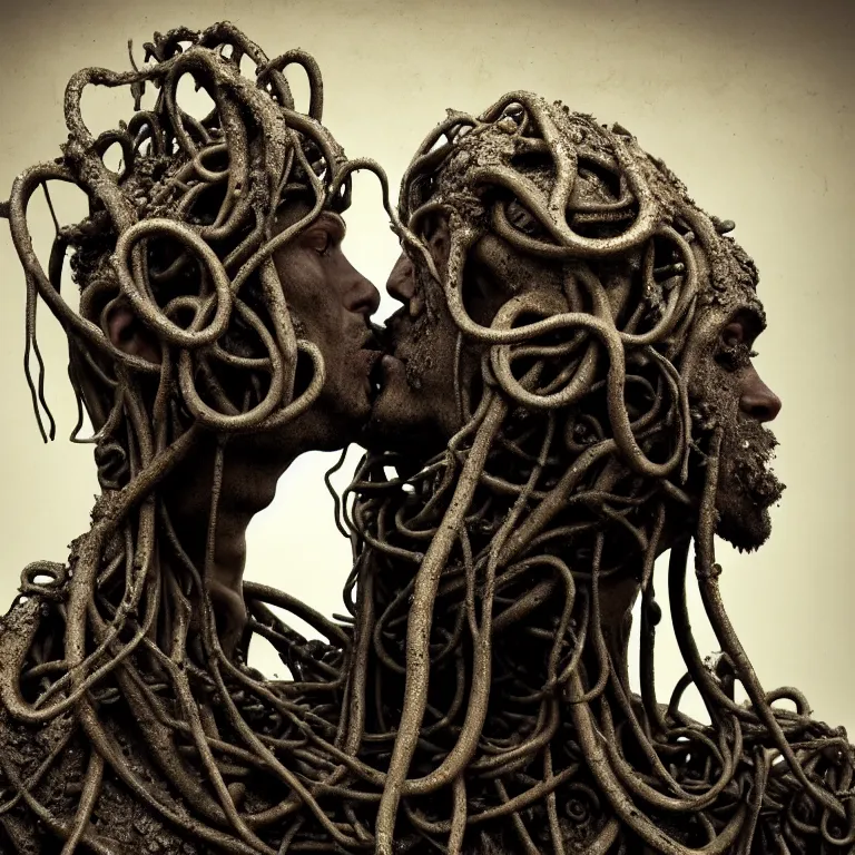 Image similar to portrait closeup on faces of abandoned sculpture of two kissing ribbed muscular men, covered with tentacles, roots, wires, tubes, baroque painting, standing in a desolate empty wasteland, creepy, nightmare, dream-like heavy atmosphere, dark fog, surreal abandoned buildings, baroque painting, beautiful detailed intricate insanely detailed octane render trending on Artstation, 8K artistic photography, photorealistic, volumetric cinematic light, chiaroscuro, Raphael, Caravaggio, Beksinski, Giger