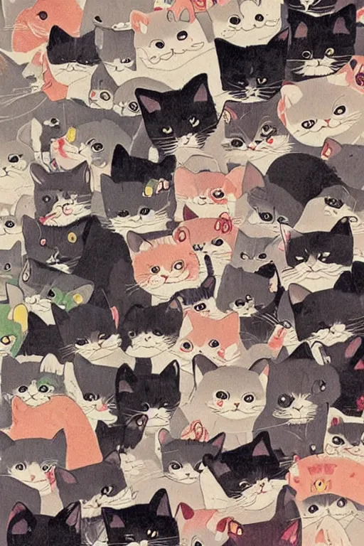 Prompt: Piles of cats, Kawaii Japanese illustration, 1980s