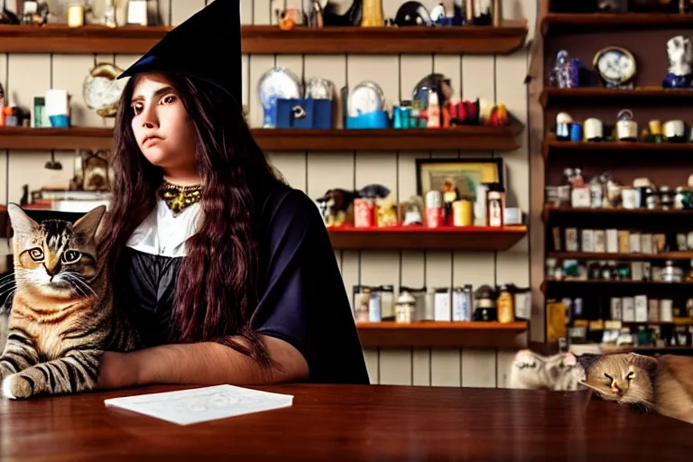 Image similar to 2 0 2 2 photo, close up portrait, dramatic lighting, concentration, calm confident hispanic teen witch and her cat, tarot cards displayed on the table in front of her, sage smoke, magic wand, a witch hat and cape, apothecary shelves in the background, still from harry potter, alphonse mucha