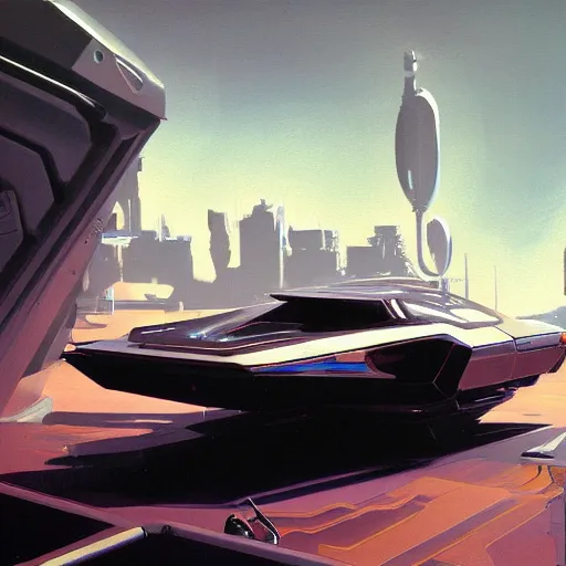 Prompt: detailed painting of a scifi car, artstation, syd mead, cinematic