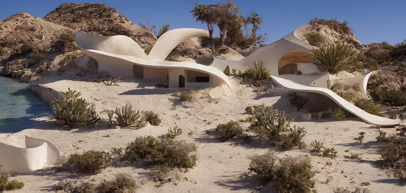 Prompt: a baja california desert by the sea, a seashell shaped house, in the style of maurice noble