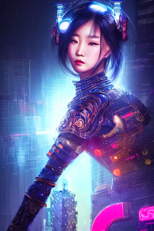 Image similar to portrait futuristic wuxia armor heroine Girl with thunder and fire sparkles and starlight, sword dance in future cyberpunk beijing night rooftop , ssci-fi, fantasy, intricate, very very beautiful, elegant, human structure, neon light, highly detailed, digital painting, artstation, concept art, smooth, sharp focus, illustration, art by tian zi and WLOP and alphonse mucha