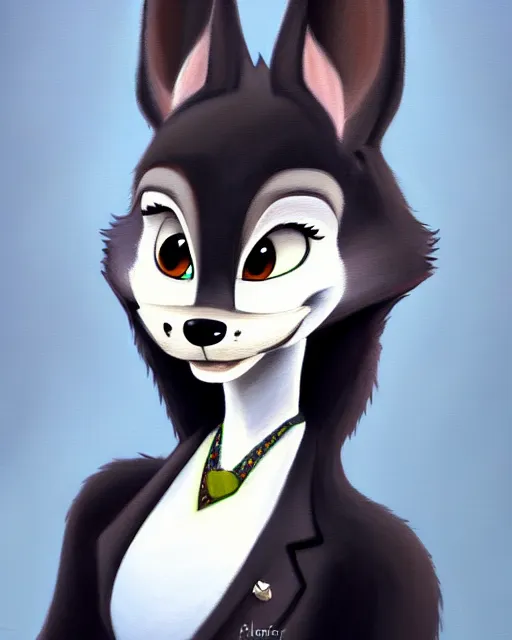 Image similar to oil painting of anthromorphic female wolf, in style of zootopia, female fursona, furry, furaffinity, 4 k, deviantart, furry art, fursona art, wearing black business suit, business suit, wolf fursona, female, very expressive detailed feminine face,