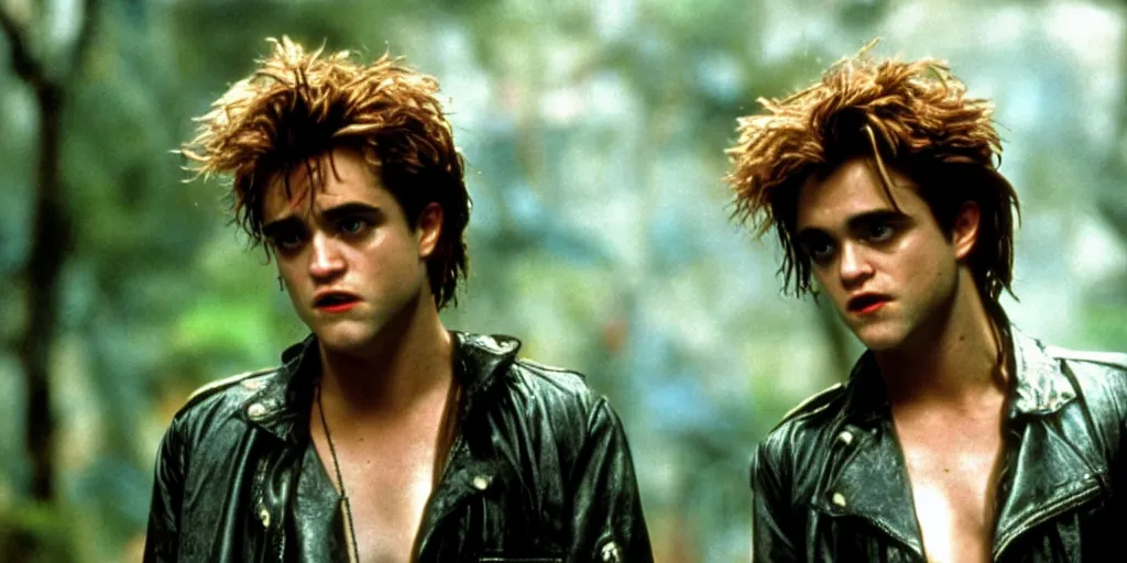 Prompt: a film still of Robert Pattison in Lost Boys, high quality