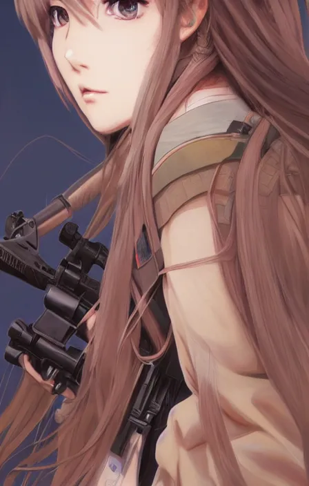 Prompt: infantry girl, anime style, long hair, hair down, symmetrical facial features, apocalypse, from girls frontline, hyper realistic, pale skin, 4 k, rule of thirds, extreme detail, detailed drawing, trending artstation, hd, war action, trading card, by alphonse mucha, greg rutkowski, sharp focus, backlit