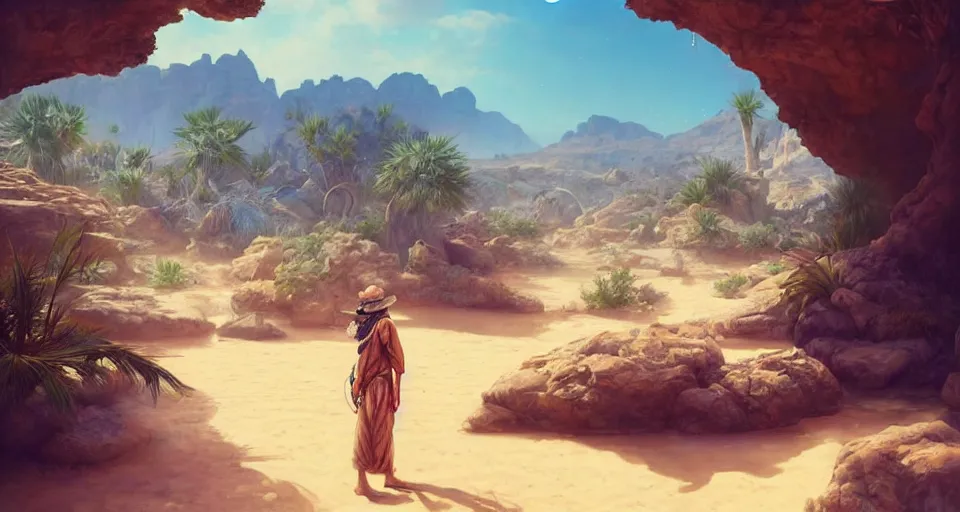 Image similar to a male desert vagabond sitting next to an oasis!!!! with crystal clear water surrounded by sand dunes, by wlop and peter mohrbacher, extremely detailed shading, concept art, digital painting, trending on artstation, unreal engine 5, octane render, atmosphere, glow, cinematic lighting, full of color