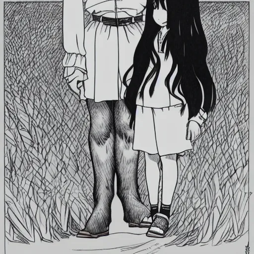 Image similar to a giant rabbit the size of a lion standing next to girl with long dark hair in sailor uniform, manga style, white background, clean lines in dark pen, drawn by junji ito