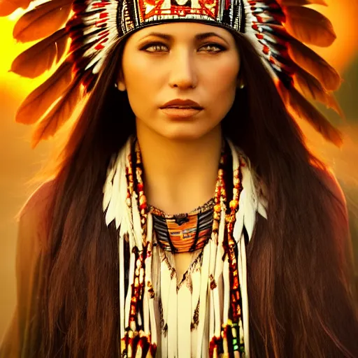 Image similar to a beautiful portrait of a native american woman with ornate clothing and beautiful fully rendered pretty face, dusk, cinematic, high resolution