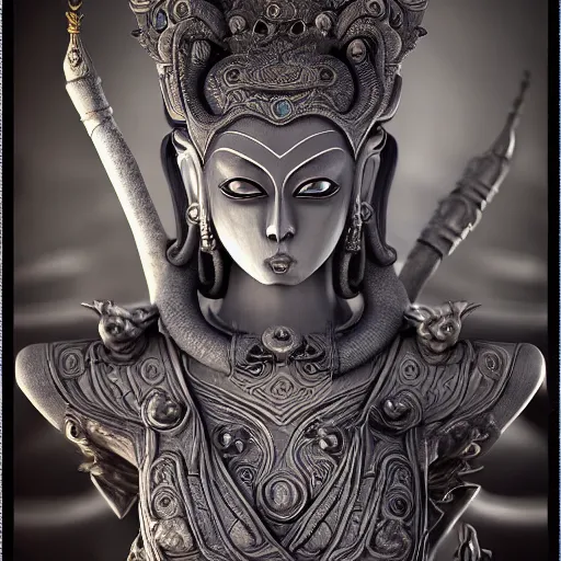 Image similar to naraka buddhist demon korean female, highly detailed, symmetrical long head, smooth marble surfaces, detailed ink illustration, raiden metal gear, cinematic smooth stone, deep aesthetic, concept art, post process, 4 k, carved marble texture and silk cloth, latex skin, highly ornate intricate details, in the style of 8 8 grzes