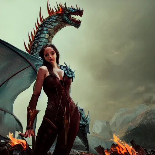 Image similar to An epic fantasy comic book style portrait painting of a silver headed beautiful girl in front of a fire breathing dragon, unreal 5, DAZ, hyperrealistic, octane render, cosplay, RPG portrait, dynamic lighting