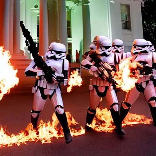 Prompt: a still candid image of hundreds of star wars stormtropers rioting in front of a the white house in washington.!!!, flaming torches and pitchforks