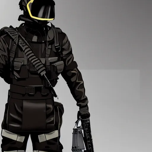 Prompt: futuristic insurgent wearing black helmet glossy visor, brown cloak, technical vest, and a backpack, photorealistic, digital art