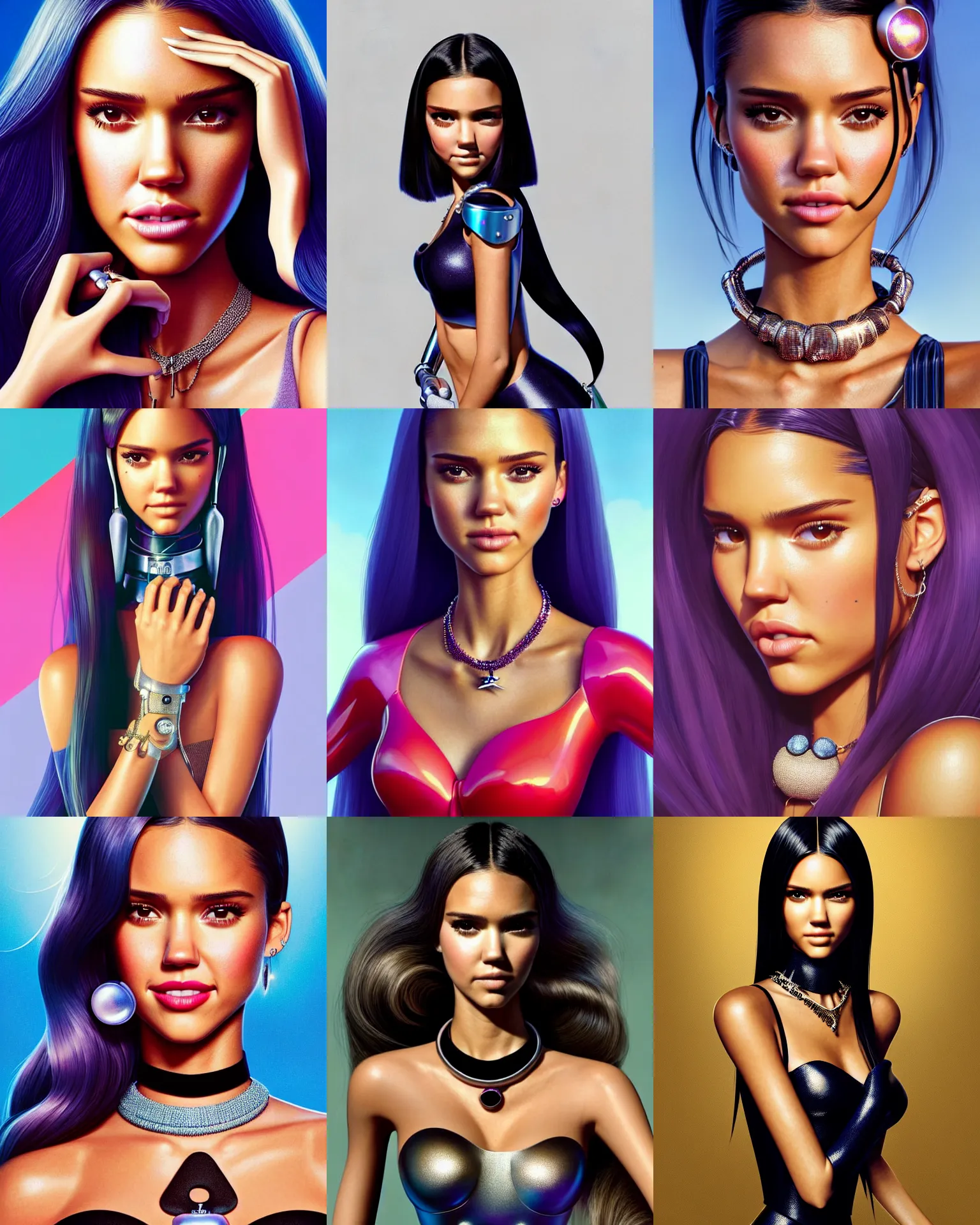 Prompt: disney pixar portrait 8 k photo of jessica alba, kendall jenner, madison beer, adriana lima, ariana grande, wearing elaborate jewelry : : as catgirl cyborg woman by pixar : : by weta, greg rutkowski, wlop, ilya kuvshinov, rossdraws, artgerm, annie leibovitz, rave makeup, unreal engine, alphonse mucha : :