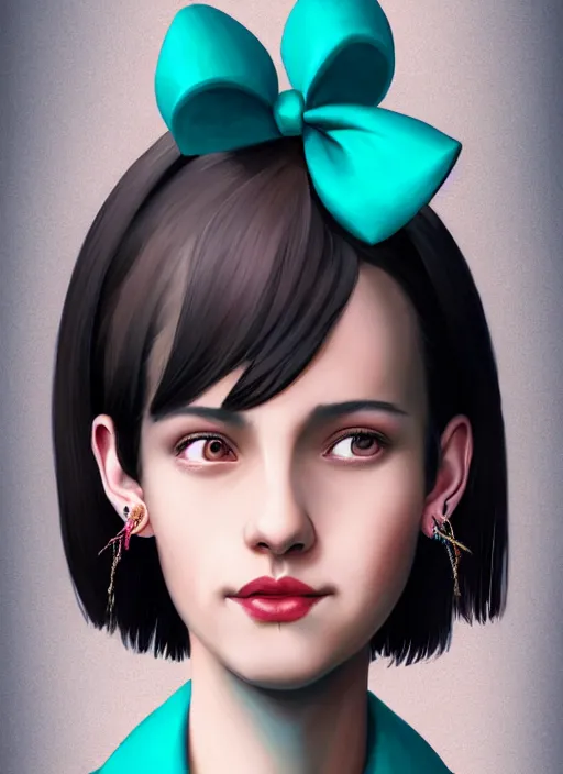 Image similar to portrait of high school girl, realistic, black hair, bangs, half updo hairstyle, pointy nose, skinny, smile, ugly, defined jawline, big chin, teal hair bow, earrings, intricate, elegant, glowing lights, highly detailed, digital painting, artstation, sharp focus, illustration, art by wlop, mars ravelo and greg rutkowski