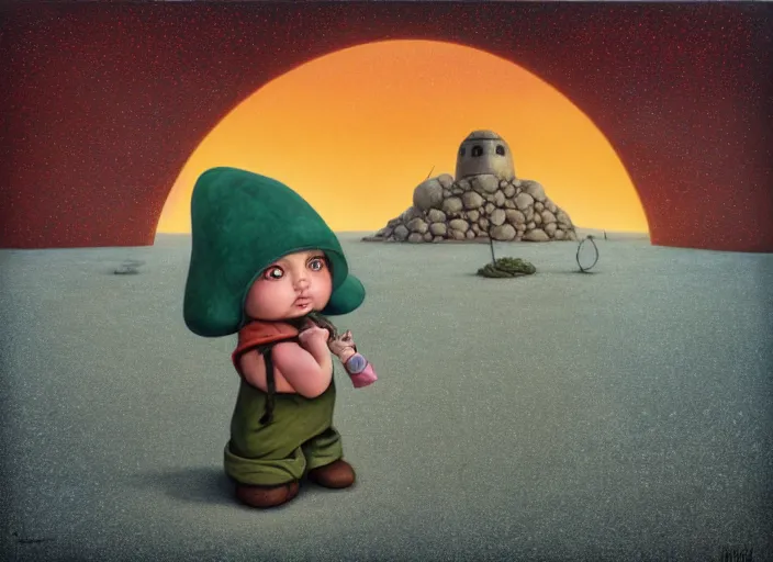 Image similar to a forgotten garden gnome in a vast barren desert, hopeless wasteland background with a relentless raging sun overhead, an ultrafine detailed painting by mark ryden, trending on deviantart, pop surrealism, whimsical, lowbrow, perfect symmetrical face