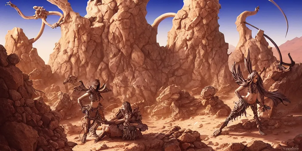 Image similar to a fantasy desert landscape, ruins, bones, rocks, arid ecosystem, digital illustration by michael whelan and leyendecker and artgerm, intricate details, surreal, photorealistic, award winning