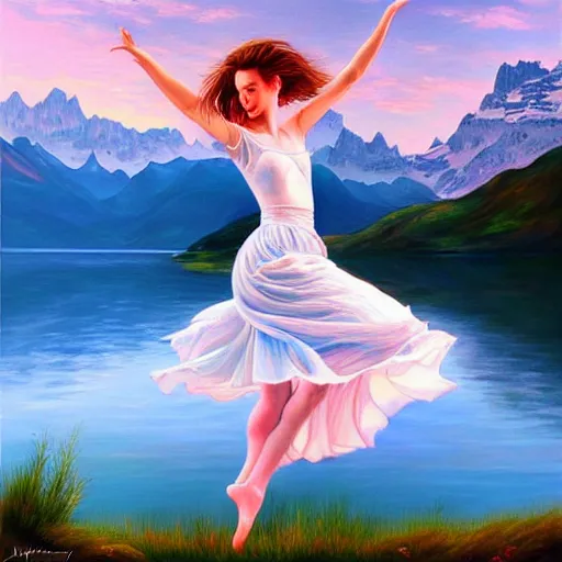 Image similar to a painting of a young woman dancing in front of a beautiful lake in switzerland, mountains on the background, high quality oil painting artstyle, feminine, delicate, hyperdetailed, in the style of artgerm, deviantart, figurative art, deviantart, ilya kuvshinov, lovecraftian