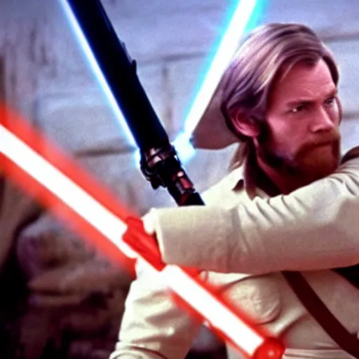 Image similar to a film still of a man with a elephant's head using a Obi Wan Kenobi clothes holding a lightsaber in A New Hope(1977)