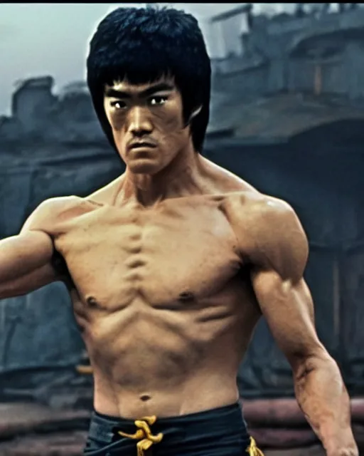 Prompt: bruce lee as kenshiro in live action fist of northstar movie, hyperreal, post apocalyptic, mutants, martial arts, cinematic