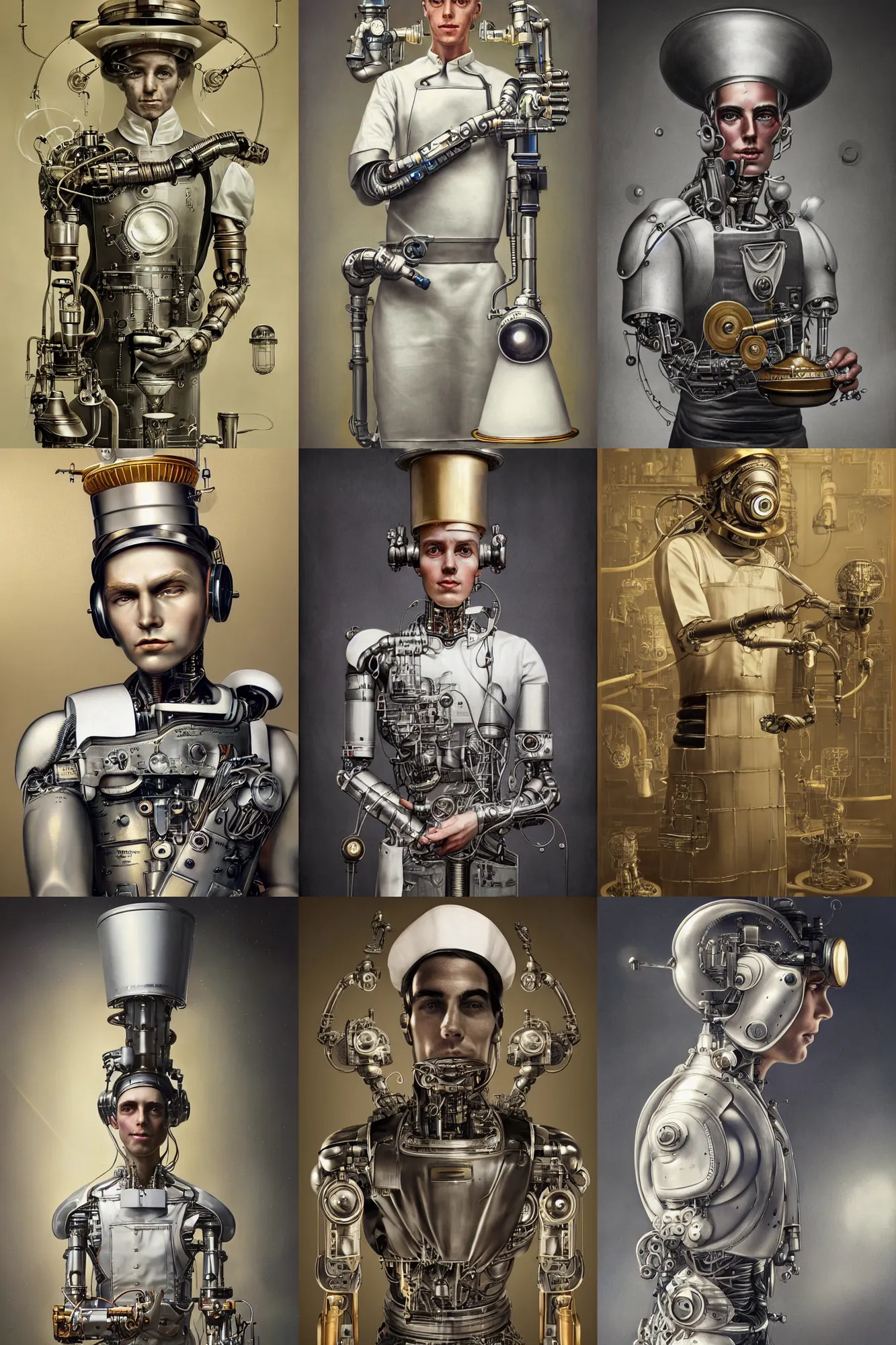 Prompt: a beautiful ultradetailed vintage photo of a futuristic cybernetic cyborg male wearing a tall white chef hat and an apron, by tom bagshaw and anna dittman, portrait, 3 5 mm lens, golden ratio composition, detailed face, studio photography, very detailed, humanoids, industrial robots, artstation, 8 k, highly coherent