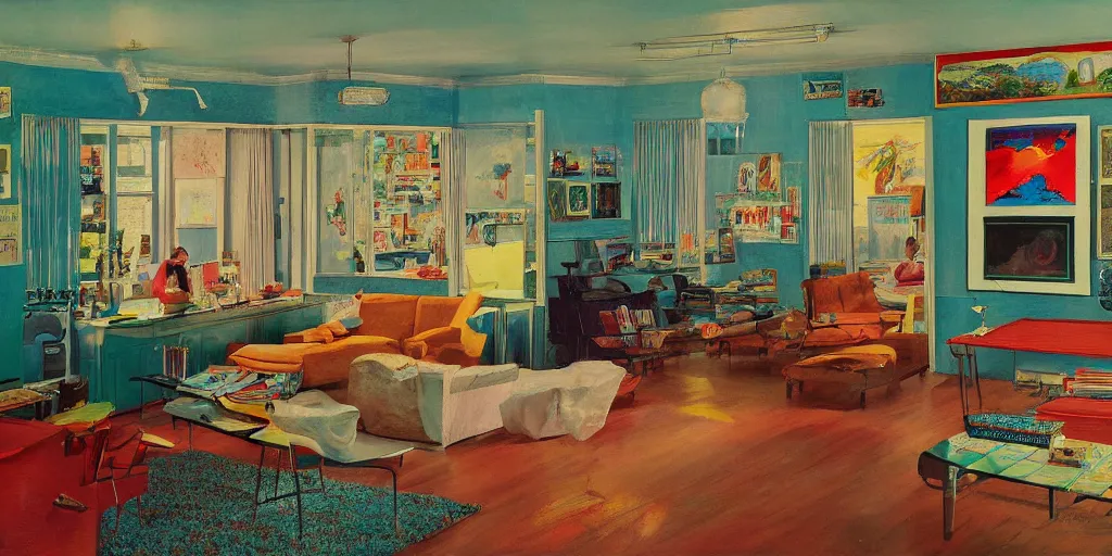 Prompt: detailed sharp photograph in the style of popular science circa 1 9 5 5 and gregory crewdson of a 1 9 5 0 s living room with art by leroy neiman