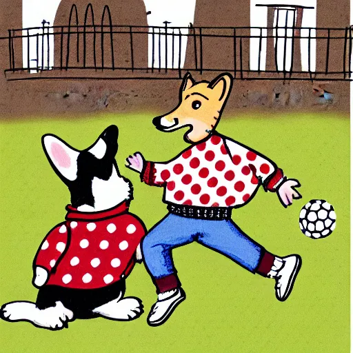 Image similar to illustration of french boy in paris playing football against a corgi, the corgi is wearing a polka dot scarf