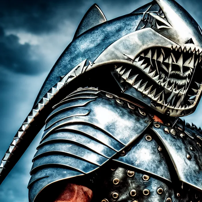 Image similar to photo of a warrior with metal shark themed armour, highly detailed, 4 k, hdr, smooth, sharp focus, high resolution, award - winning photo