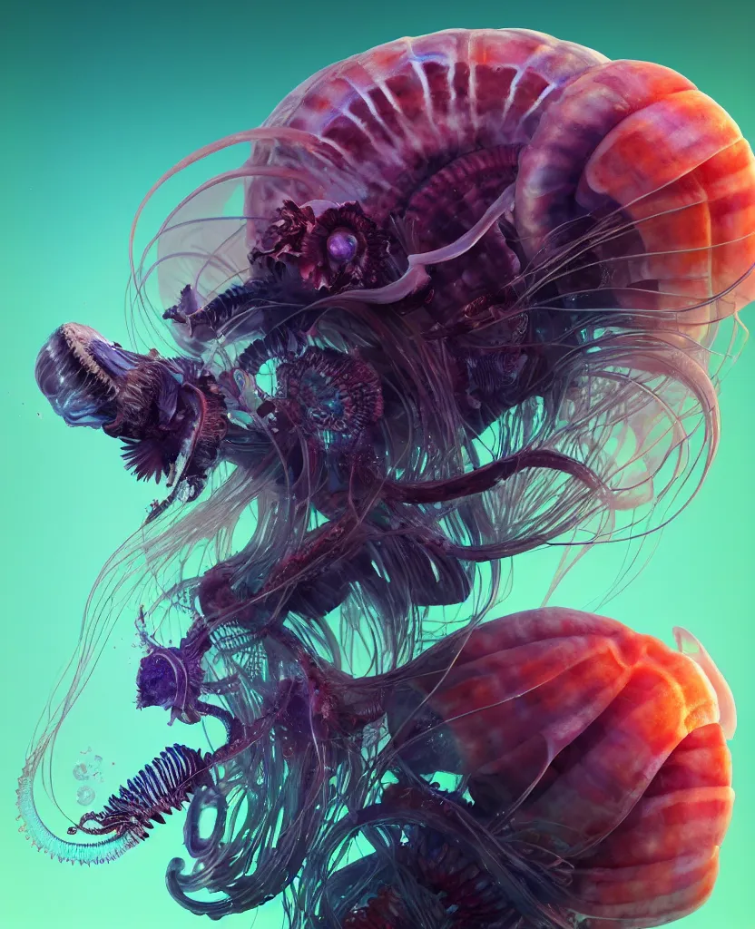 Image similar to goddess close-up portrait ram skull. jellyfish phoenix head, nautilus, orchid, skull, betta fish, bioluminiscent creatures, intricate artwork by Tooth Wu and wlop and beeple. octane render, trending on artstation, greg rutkowski very coherent symmetrical artwork. cinematic, hyper realism, high detail, octane render, 8k