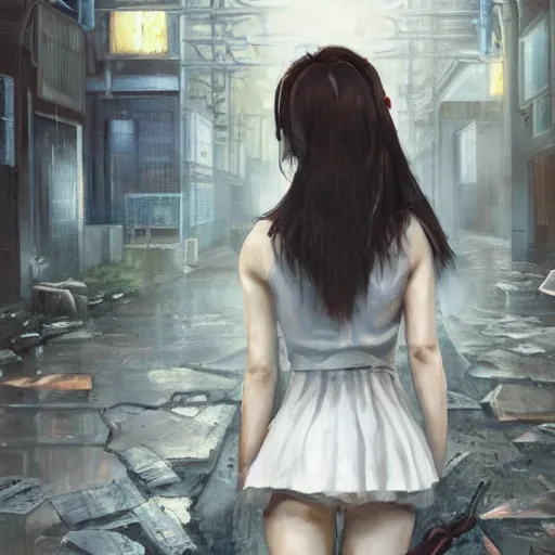 Prompt: a perfect, very detailed, realistic professional oil painting of a Japanese schoolgirl posing in a dystopian alleyway, style of Marvel, full length, by a professional American senior artist on ArtStation, a high-quality hollywood-style concept