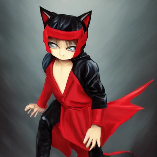 Image similar to little boy with cat ears in an black latex suit with red cape. digital artwork made by lois van baarle and kentaro miura, sharpness focus, anatomically correct, heroic composition