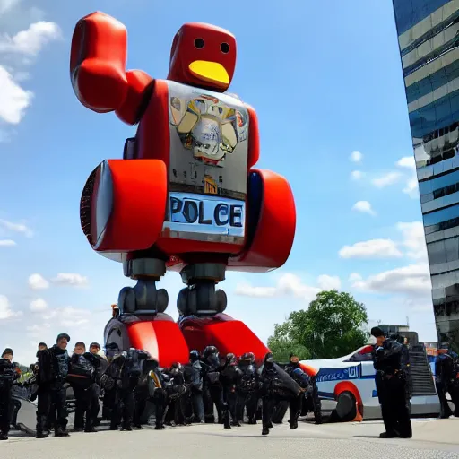 Prompt: giant duck shaped robot surrounded by police cars