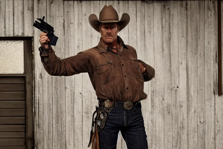 Prompt: film still of the main character cowboy standing holding a pistol in the garage scene in an action movie posing for the camera 2 0 2 0, 4 k wild west