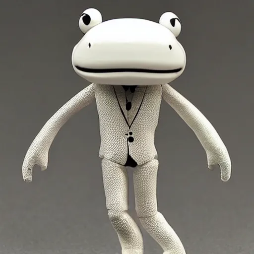 Image similar to Anthro gecko in a white tuxedo, vinyl toy figurine