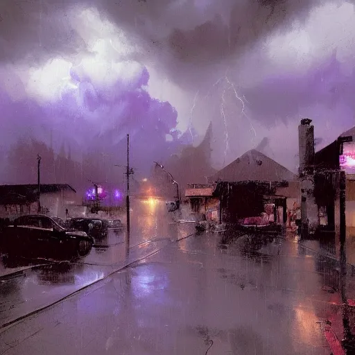 Image similar to a beautiful thunderstorm rolling over a small town, with the clouds illuminated slightly purple, ominous, eerie, craig mullins