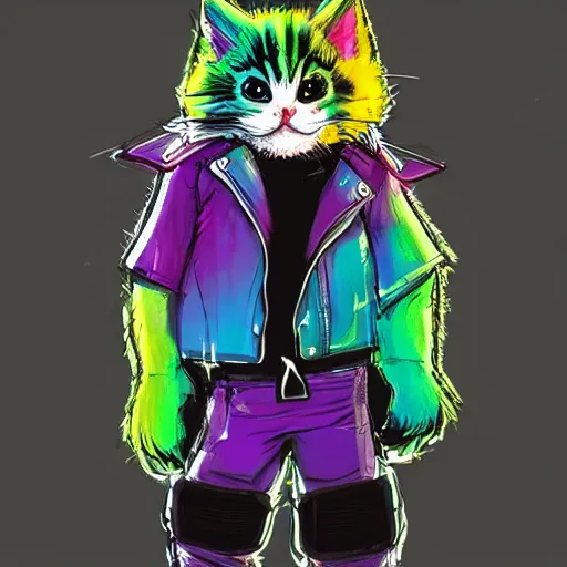 Image similar to wide angle full body, jacket wearing fluffy cute rainbow kitten wearing a black leather motorcycle jacket, riding on a motorcycle, cinematic concept art