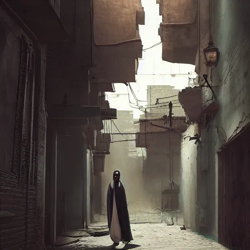 Image similar to old jeddah city alley, roshan, old shops, horse, magical glowing time portal, a man wearing a white robe standing watching over, dramatic lighting sci fi, by caspar david friedrich by beeple and james gilleard and justin gerard, centered, artstation, smooth, sharp focus, photoreal octane render, 3 d, by jean baptiste monge