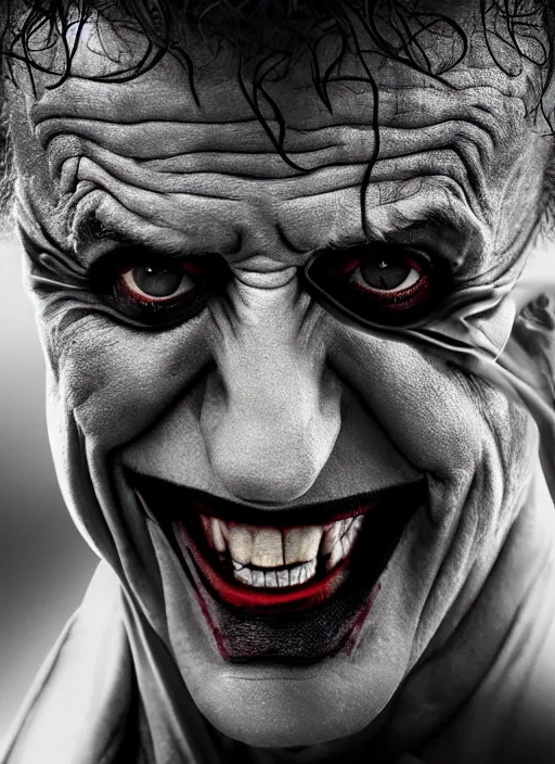 Prompt: photo of Sylvester Stallone as the Joker by Lee Jeffries , big smile, head shot, detailed, award winning, Sony a7R, trending on artstation