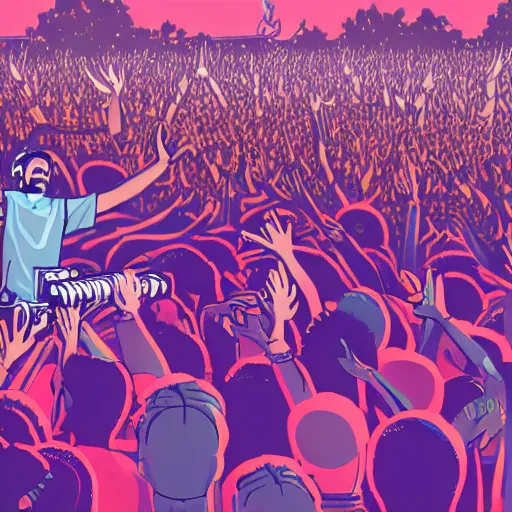 Image similar to rapper onstage leaning over huge crowd of arms reaching up to him, holding microphone, digital art, vapor wave, hip hop, trending on Artstation, professional artist, detailed, 4k