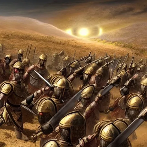 Image similar to the 5 0 0 undefeatable spartans clashing in a deep valley against the vast armies of the middle east while a solar eclispe is occuring