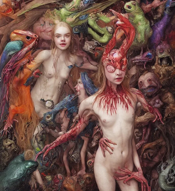 Prompt: elle fanning as a brightly colored harpy with wet mutated skin. she is trying on a amphibian alien suit. by tom bagshaw, donato giancola, hans holbein, walton ford, gaston bussiere, peter mohrbacher, brian froud and iris van herpen. 8 k, cgsociety