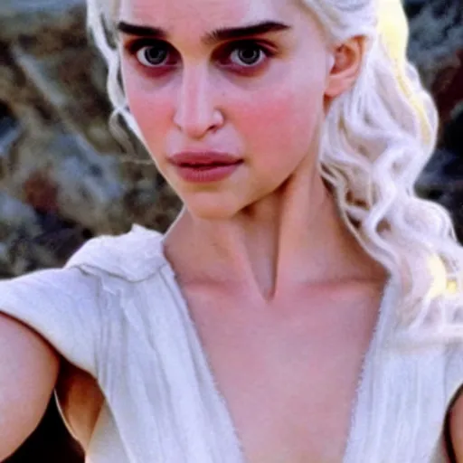 Image similar to a selfie of daenerys targaryen played by a young natalie portman, smooth skin, light violet eyes, ethereal beauty, medium shot, detailed eyes, vivid, golden hour